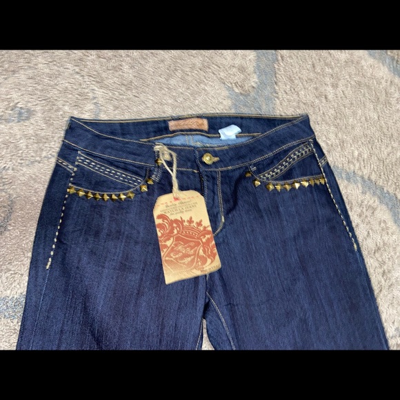 Dark Blue Made In America Studded Jeans With Tan Western Style Stitching - Picture 6 of 9